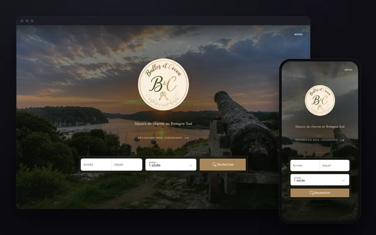 Capture du site Bulles et Cocon sur ordinateur et téléphone : logo, photo de paysage et module de réservation au premier écran